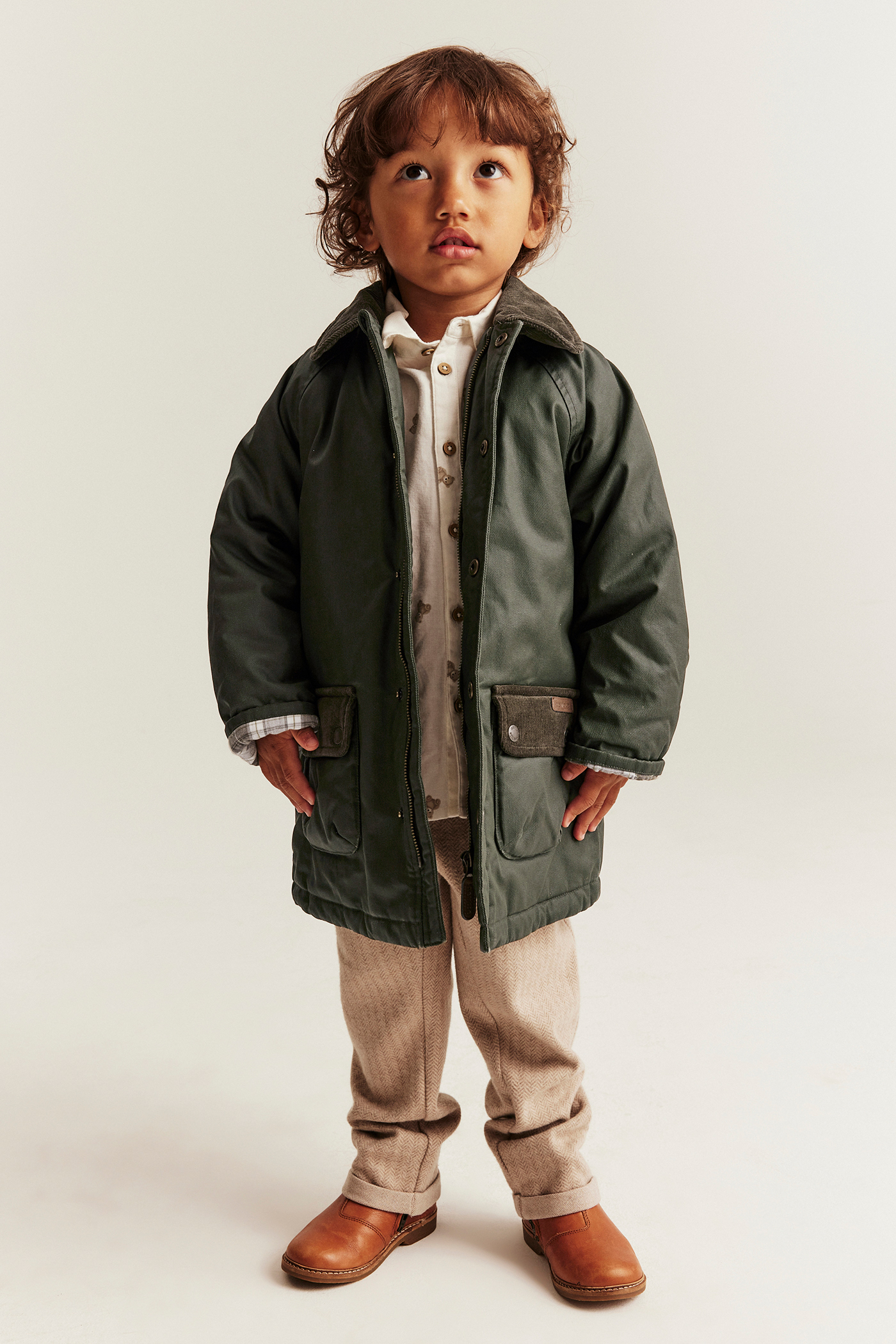 【美品】Barbour ダークブラウン ミリタリージャケット　キッズXL Waxed jacket with collar. | Green | Kids | Newbie
