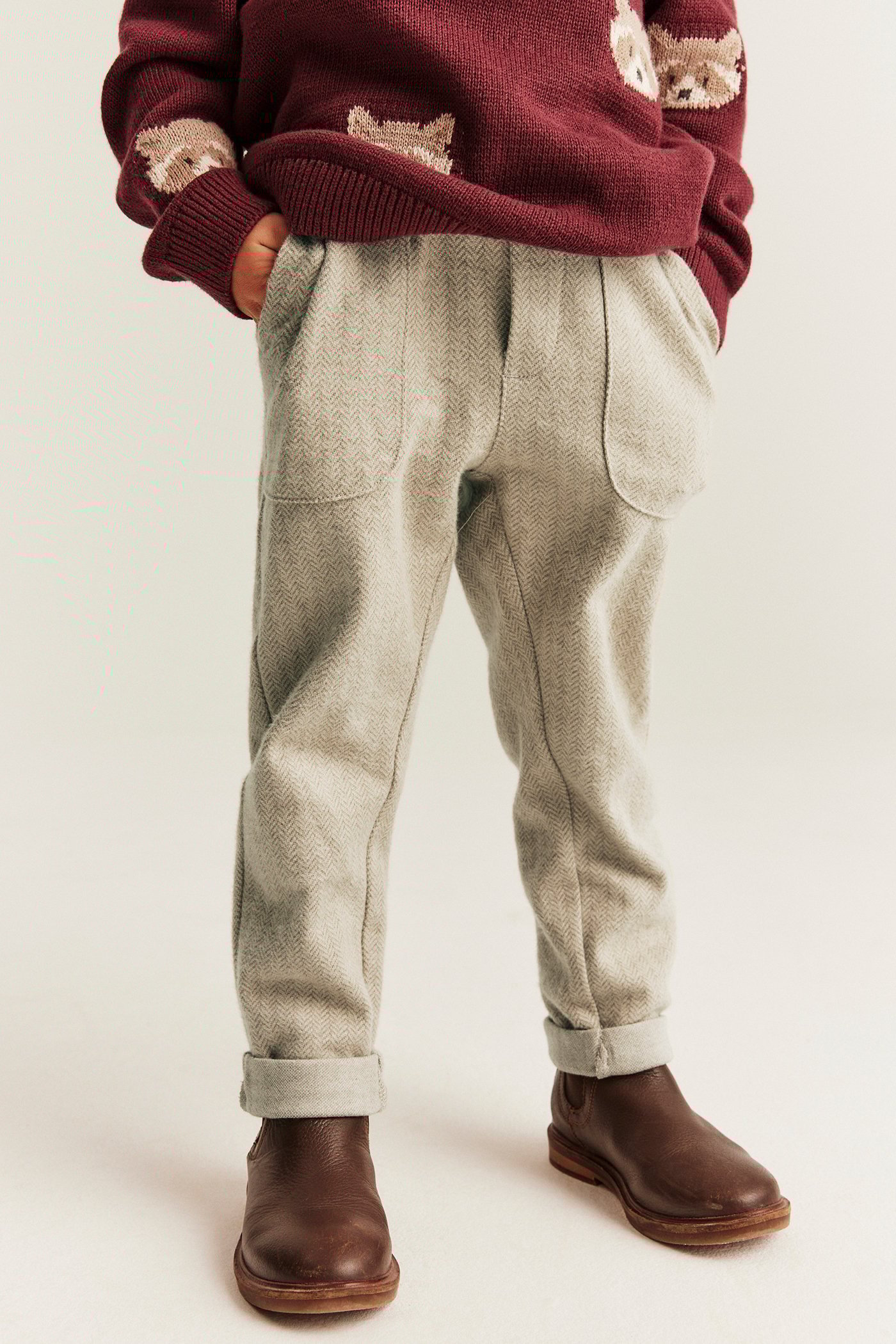 Herringbone texture pants | Beige mélange | Kids | Newbie