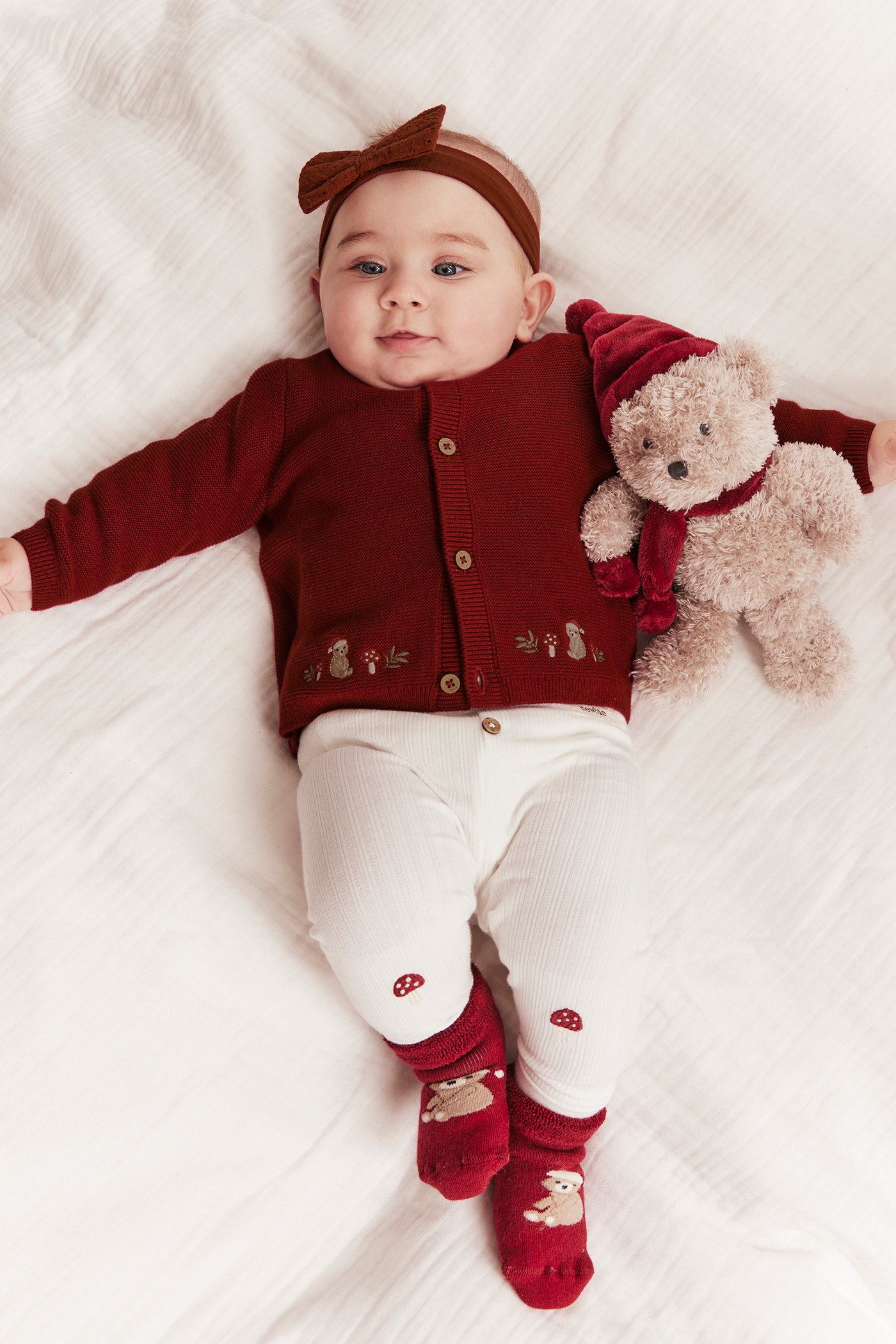 Knitted Christmas cardigan with bear theme | Red | Baby | Newbie