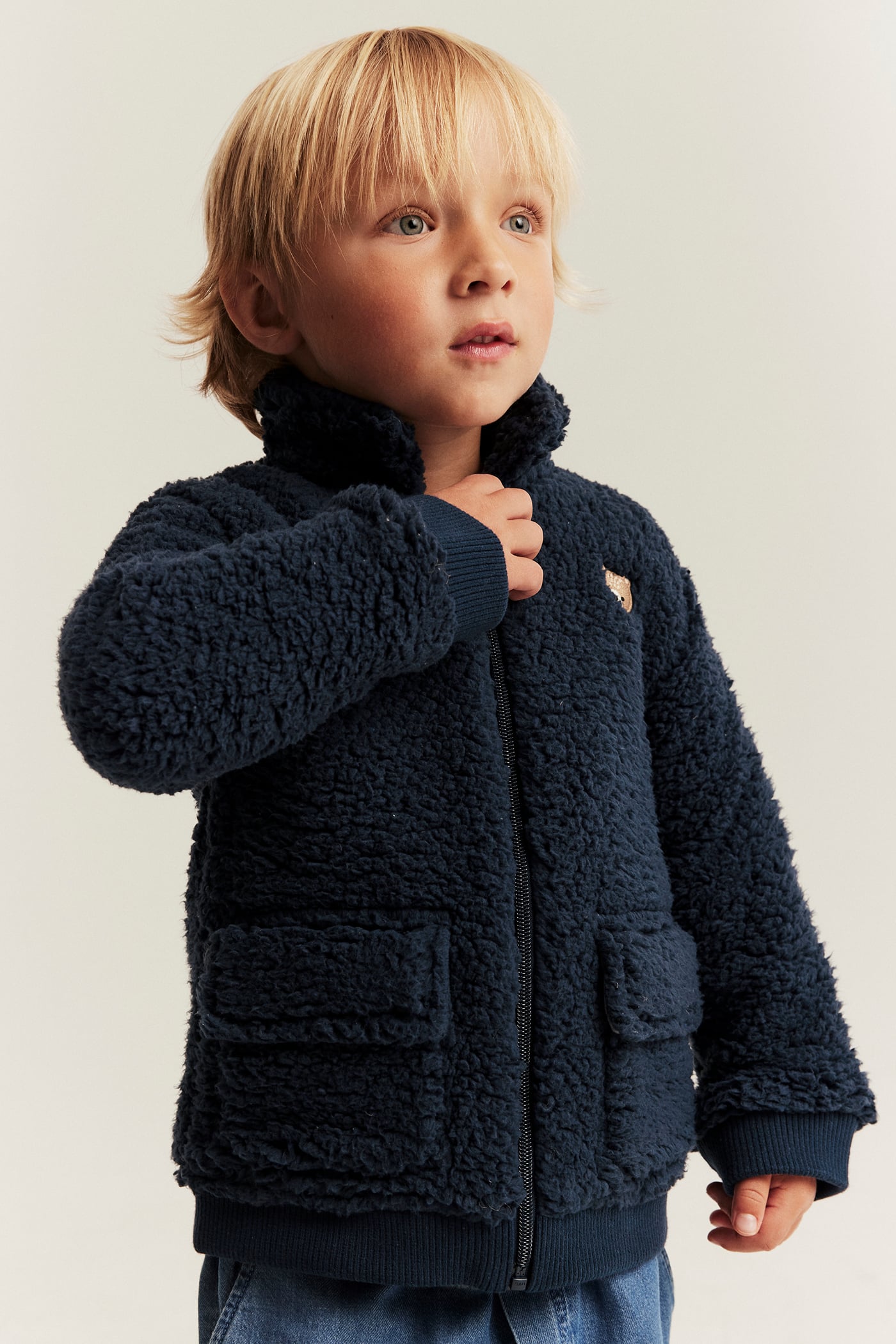 Pile jacket with bear embroidery | Dark blue | Kids | Newbie