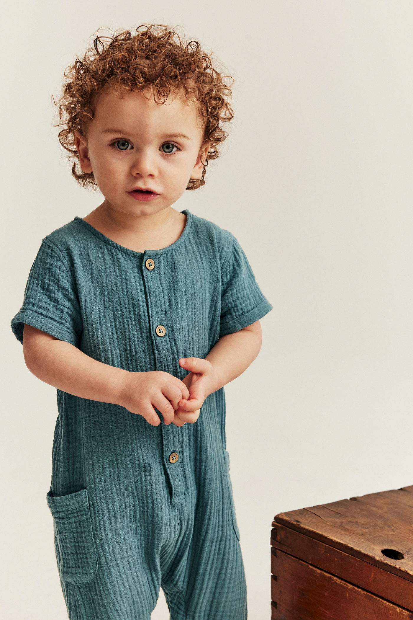 Short sleeve muslin jumpsuit | Dark turquoise | Baby | Newbie